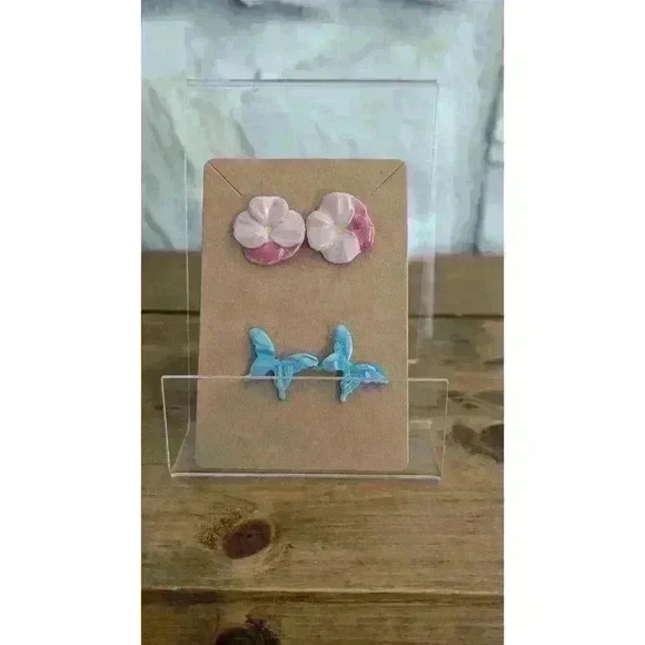 Pink Pansy and Blue Butterfly Earring Set, Girls - Picture 1 of 1